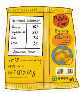 65 g packet: potato 70%, vegetable oil 24%, salt 3%, spices 3%; the source labels these approximate values.