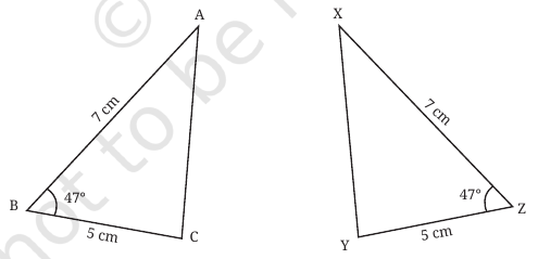 Triangles ABC and XYZ. AB = XZ = 7 cm, BC = ZY = 5 cm; angles B and Z are 47°.